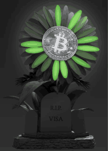 a statue of a flower with a coin that says ' bitcoin ' on it