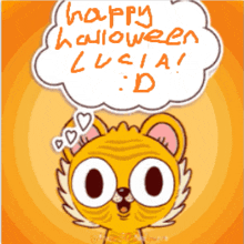 a cat with a speech bubble that says happy halloween lucia