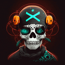 a skull with headphones and a blue x on it