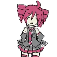a drawing of a girl with pink hair wearing a gray and pink outfit