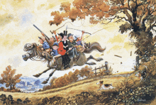 a painting of a group of people riding on the back of a horse with a dog looking on