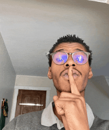 a man wearing glasses is holding his finger to his lips