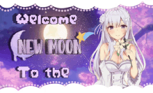 a purple background with the words welcome new moon to the in white letters