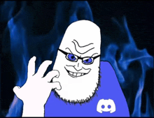 a cartoon character wearing a blue shirt with a discord logo