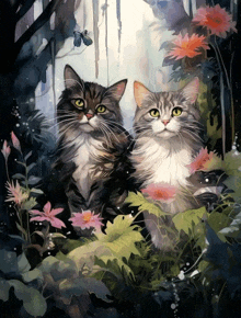 a painting of two cats surrounded by flowers and a butterfly