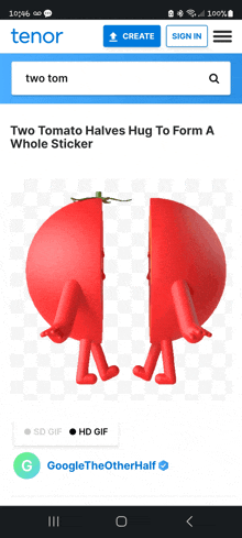 two tomato halves hug to form a whole sticker on a tenor website