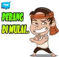 a cartoon of a man with a bandana on his head and the words perang dimulai