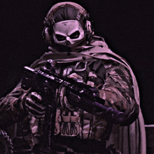 a soldier wearing a skull mask holds a rifle