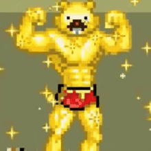 a pixel art illustration of a lion flexing his muscles .