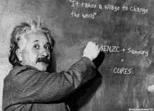 albert einstein is writing on a blackboard with a quote that says `` it takes a village to change the world ''