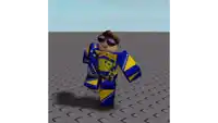 a roblox character wearing sunglasses and a blue and yellow outfit is walking on a tiled floor .