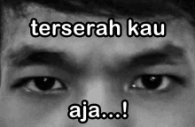 a black and white photo of a man 's eyes with the caption " terserah kau aja .... "