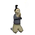 a cartoon character is kneeling down and praying with his hands together .