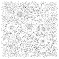 a black and white drawing of flowers and leaves in a square