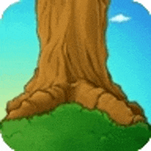 a cartoon illustration of a tree trunk sitting on top of a grassy hill .