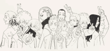 a black and white drawing of a group of anime characters standing next to each other giving peace signs .