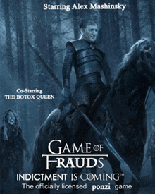 a movie poster for game of frauds shows a man riding a horse