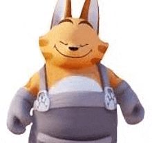 a stuffed fox wearing overalls and gloves is smiling and looking at the camera .