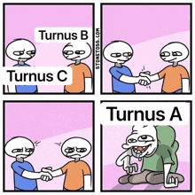 a cartoon of two people shaking hands with the words turnus b and turnus c