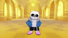 a cartoon character named sans is standing in an empty hallway