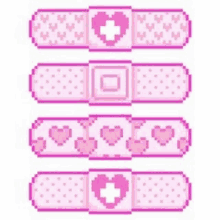 a set of pink bandages with hearts and a cross on them .