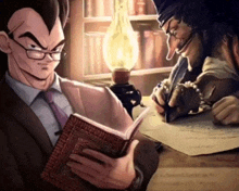 a man in a suit is reading a book while another man is writing on a piece of paper