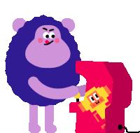 a cartoon illustration of a purple sheep and a red arcade machine