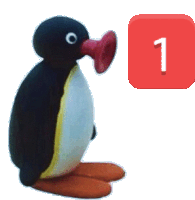 a penguin blowing a horn next to a red square with the number one on it