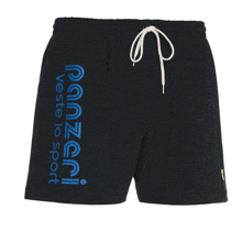 a pair of black shorts with a blue stripe on the side that says panzoni