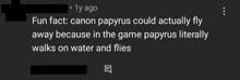 a screenshot of a facebook post that says fun fact canon papyrus could actually fly away