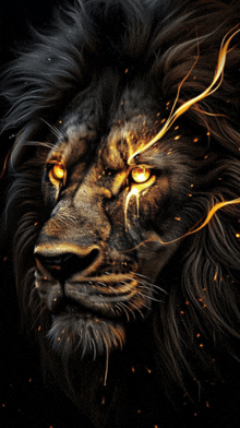 a close up of a lion with glowing eyes