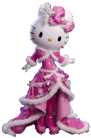 a hello kitty doll is wearing a pink dress and a pink bow with the letters bc on it