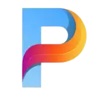 a blue letter p with a rainbow of colors on a white background