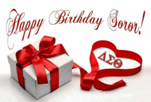 a white gift box with a red ribbon and the words happy birthday soror written on the bottom