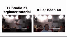 a blurry picture of a man in a kitchen with the words fl studio 21 brginner tutorial on the bottom