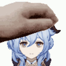 a pixel art of a person petting a girl 's head with a hat on .