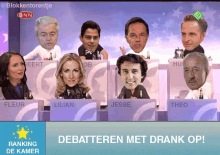 a group of people sitting at a table with their faces on a sign that says debateren met drank op