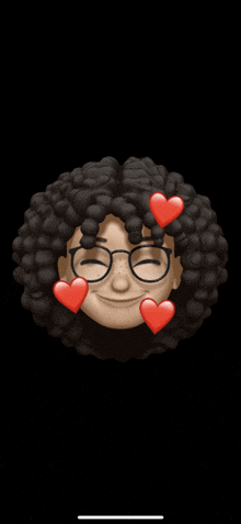 a cartoon character with curly hair and glasses has three red hearts on his face