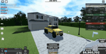 a yellow jeep is parked in front of a house in a roblox game