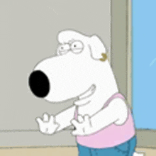 brian from family guy is wearing a pink tank top and blue jeans .