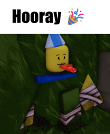 a cartoon character with a party hat and a party horn says " hooray "