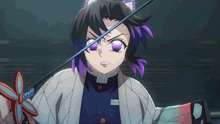 a girl with purple hair is holding a sword with a flower on her sleeve that says ' senpai ' on it