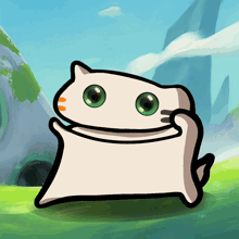 a cartoon cat with green eyes is standing in a field