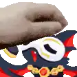 a pixel art drawing of a hand holding a snake on top of a cartoon character .