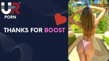 a picture of a woman in a bikini with the words " thanks for boost "