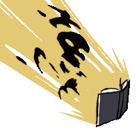 a cartoon drawing of a book with a yellow background and a silhouette of a skull behind it