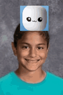 a boy with a marshmallow on his head