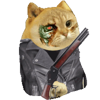 a cat wearing a leather jacket and holding a gun