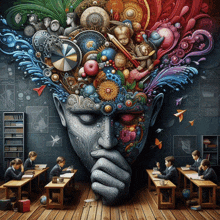 a colorful painting of a person 's head with a hand on their chin in a classroom