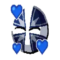 a pixel art drawing of a knight with blue hearts around his face